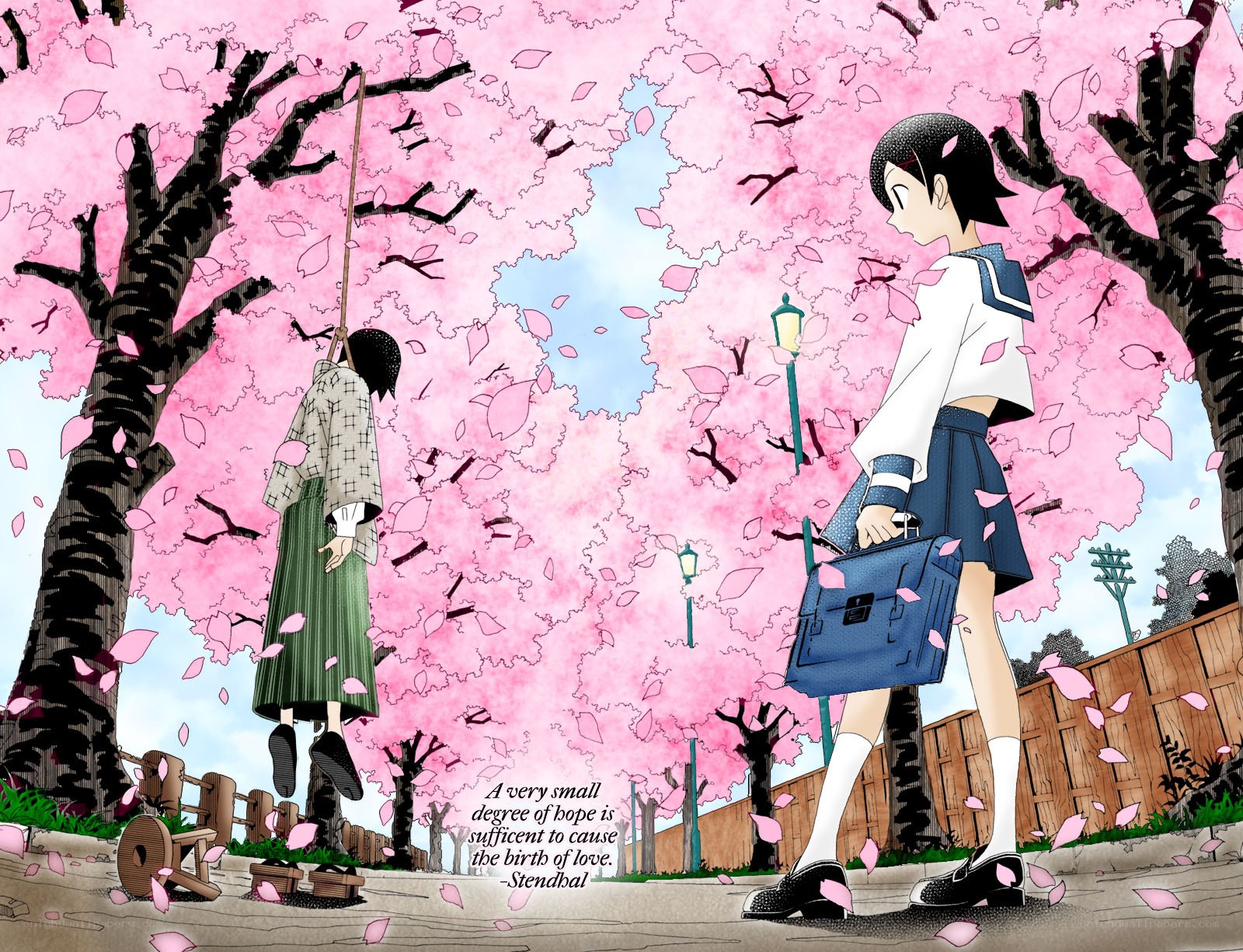 Cherry blossoms and a hanging figure