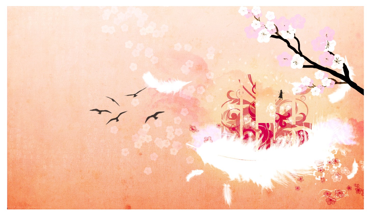 cherry blossoms and birds in flight