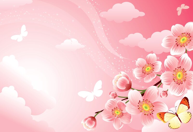 Cherry Blossoms and Butterflies — Pink, Serene, Spring, Illustration