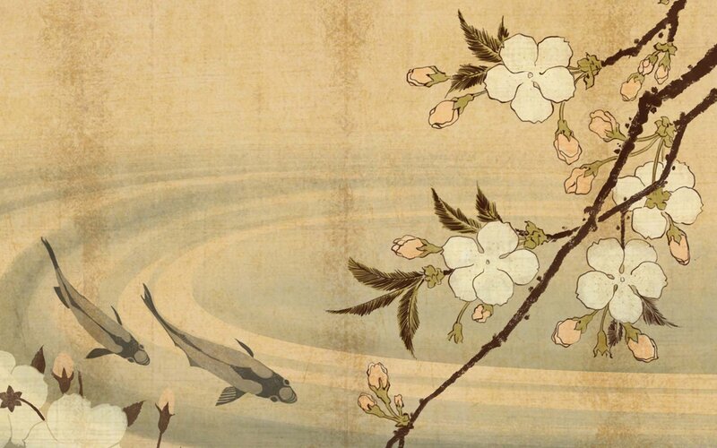 Cherry Blossoms and Fish — Beige