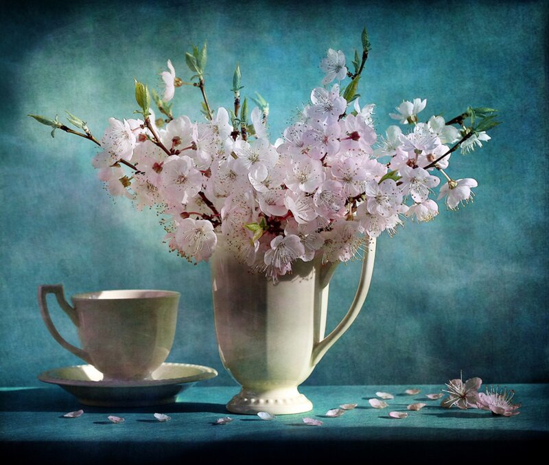 Cherry Blossoms in Vase — Teal
