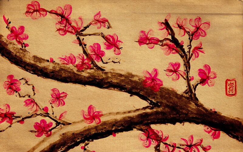 Cherry Blossoms on Branch — Brown
