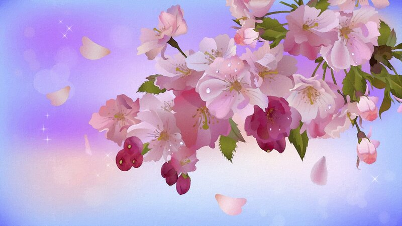 Cherry Blossoms on Branch — Pink, Serene, Spring, Digital Art, Petals, Leaves, Sparkles