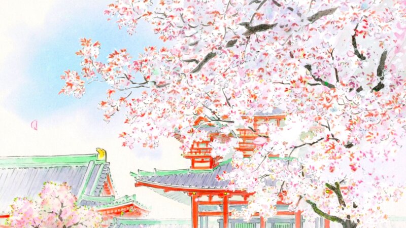 Cherry Blossoms over Temple — Pink