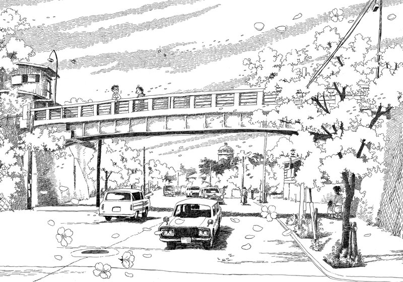 Cherry blossoms under a bridge
