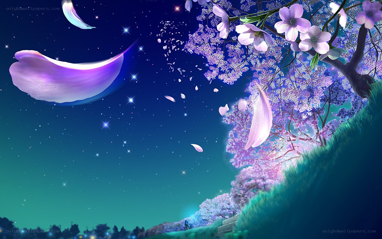 Cherry blossoms under starry sky