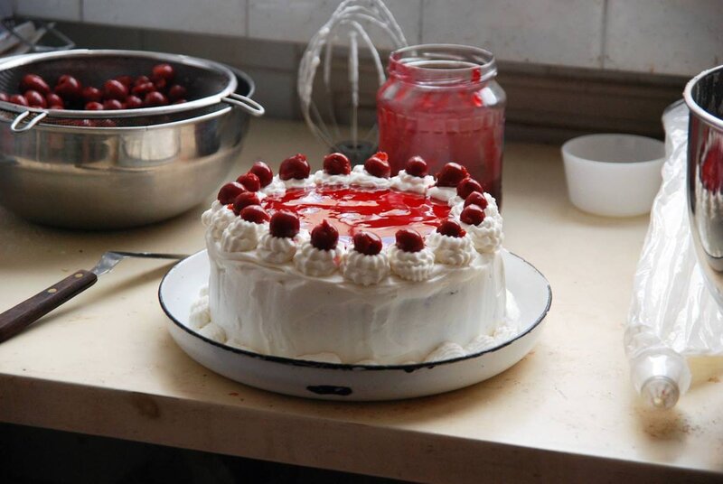 Cherry Cake on Counter