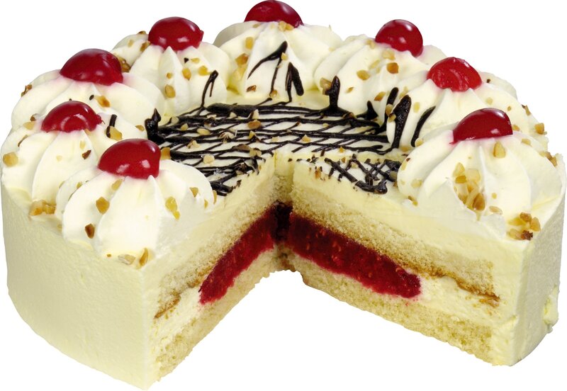 cherry cream cake with chocolate drizzle