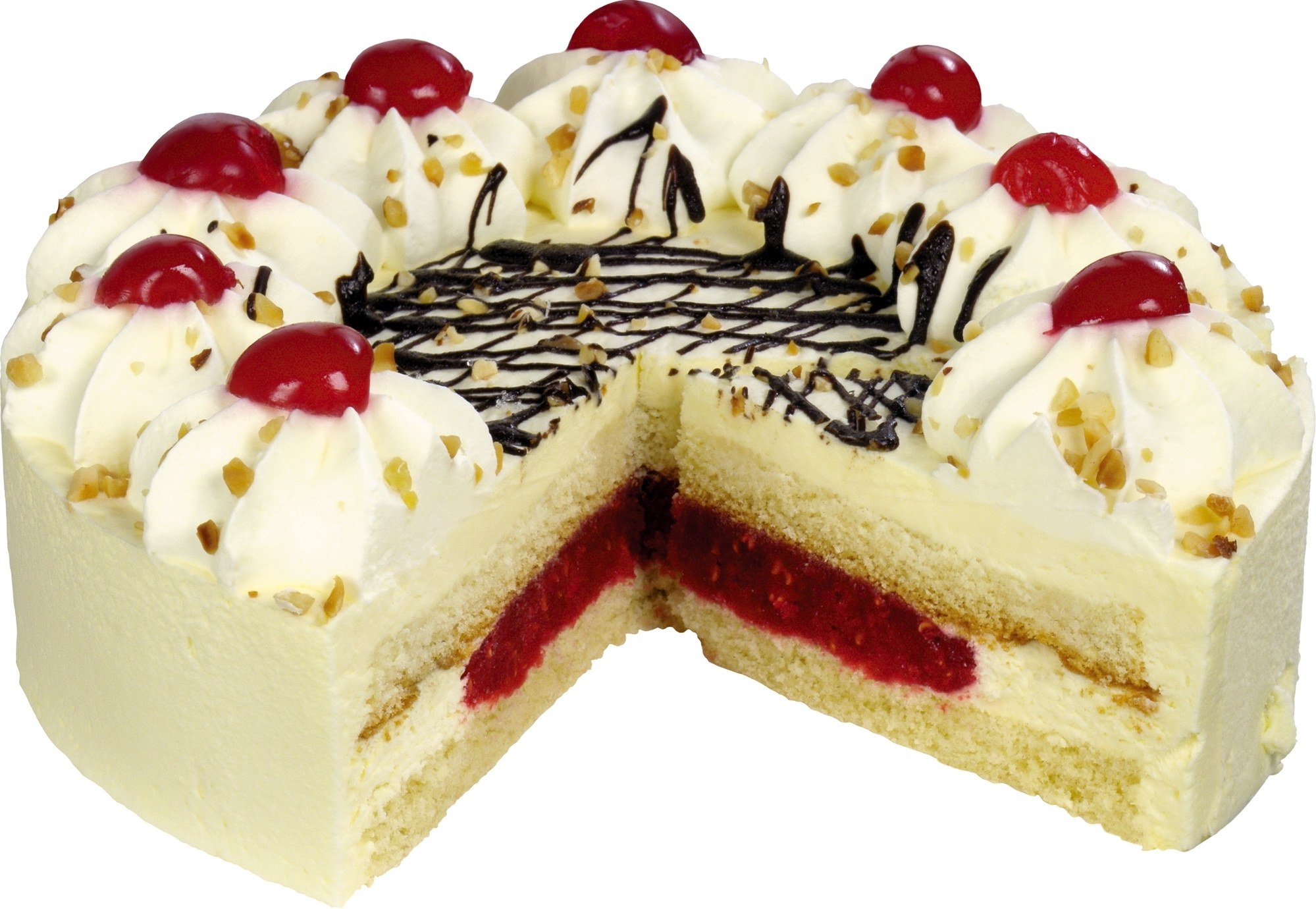 cherry cream cake with chocolate drizzle