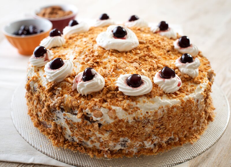 cherry cream cake with nuts
