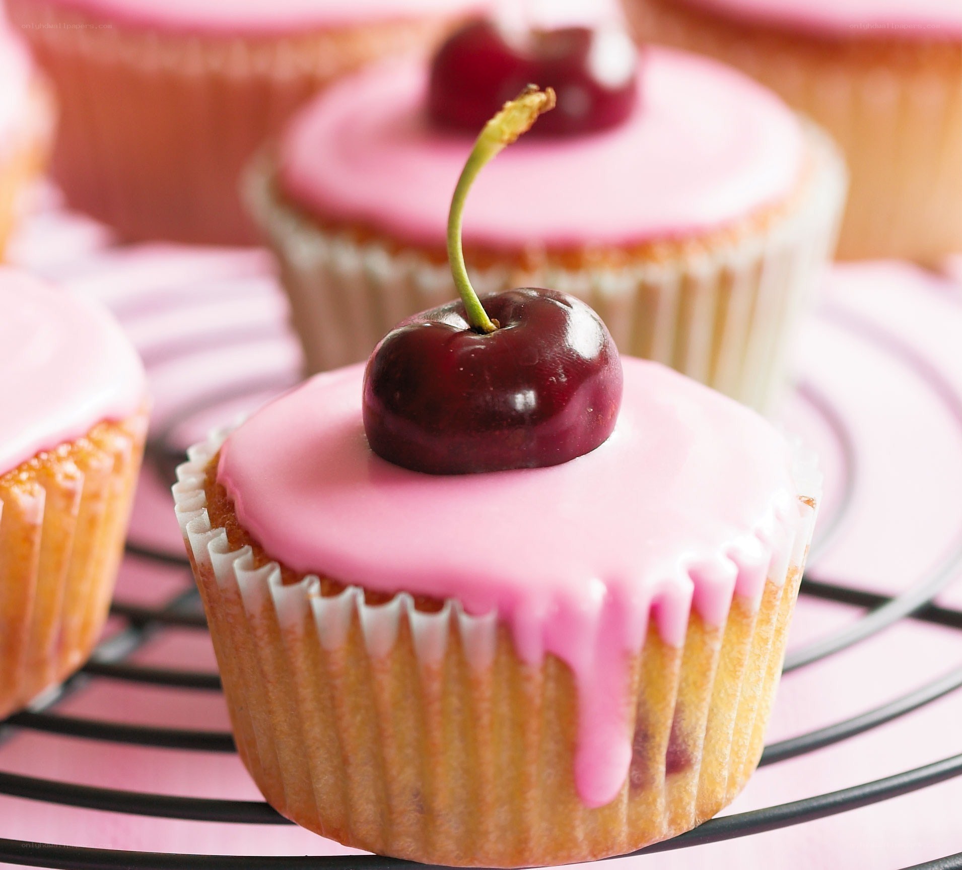 cherry cupcakes with pink icing