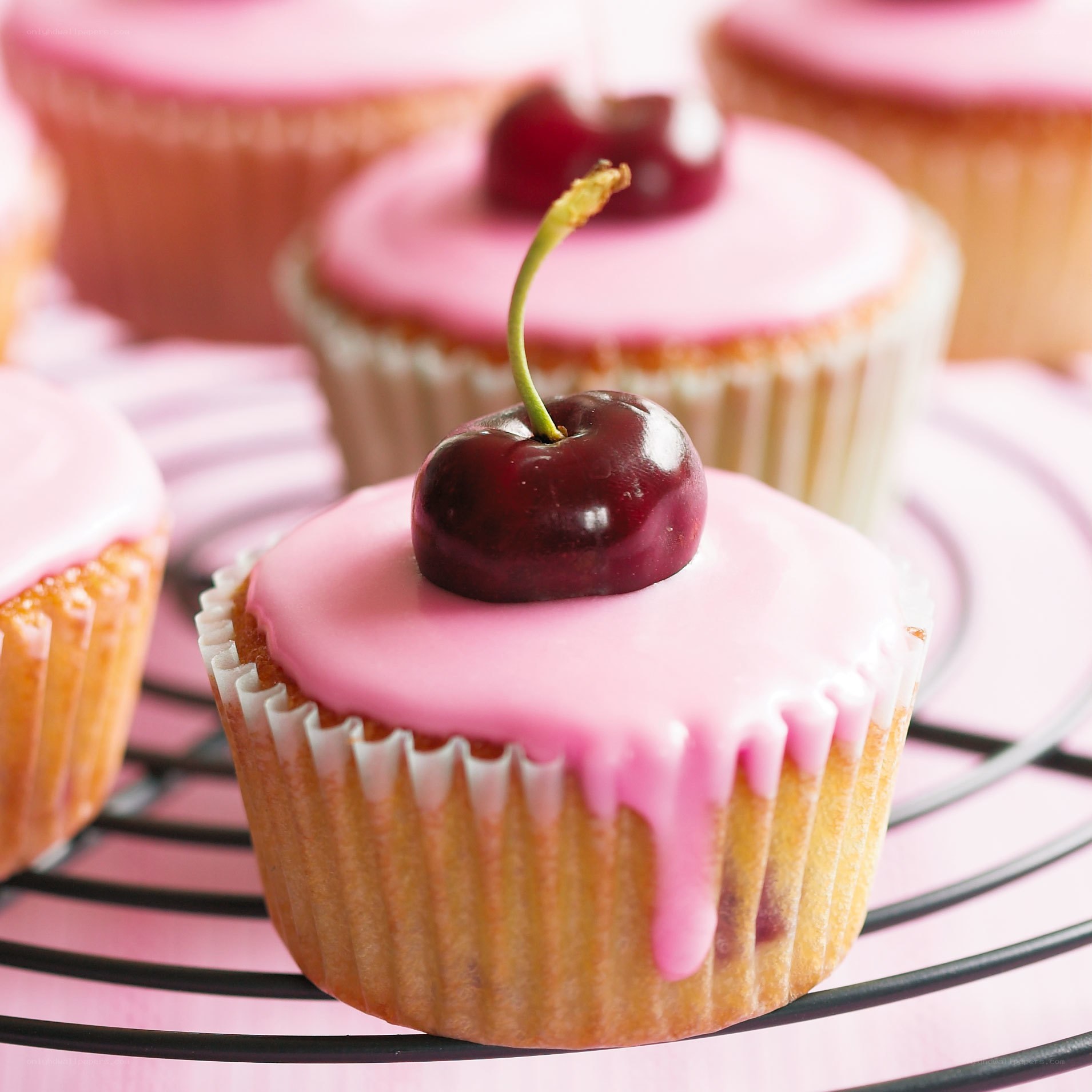 cherry cupcakes with pink icing