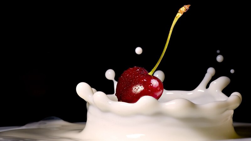 Cherry in Milk Splash — White, Dramatic