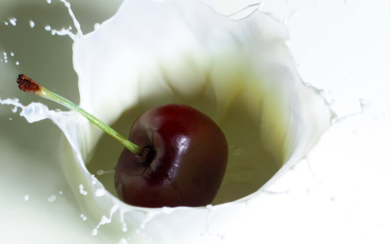 Cherry in Milk Splash — White, Dynamic, Photograph
