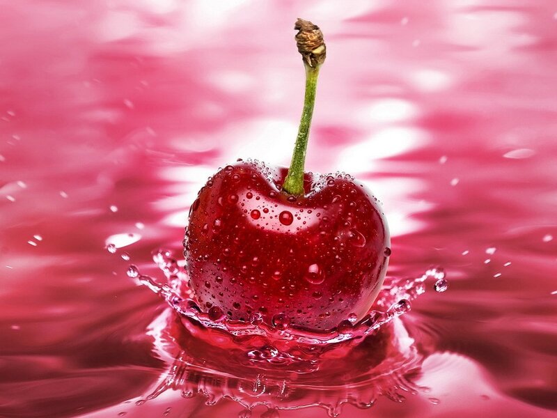 Cherry in Water — Red, Dynamic, Photograph, Stem, Drops