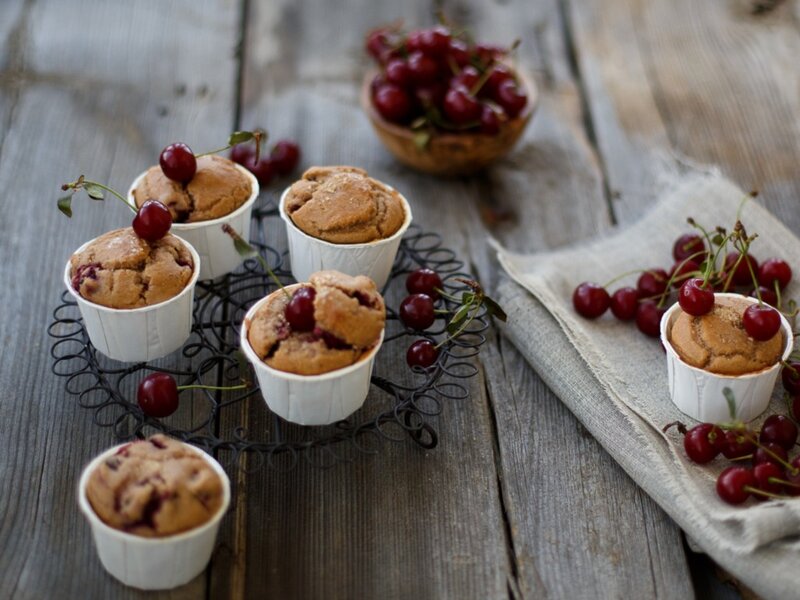 Cherry Muffins on Table
