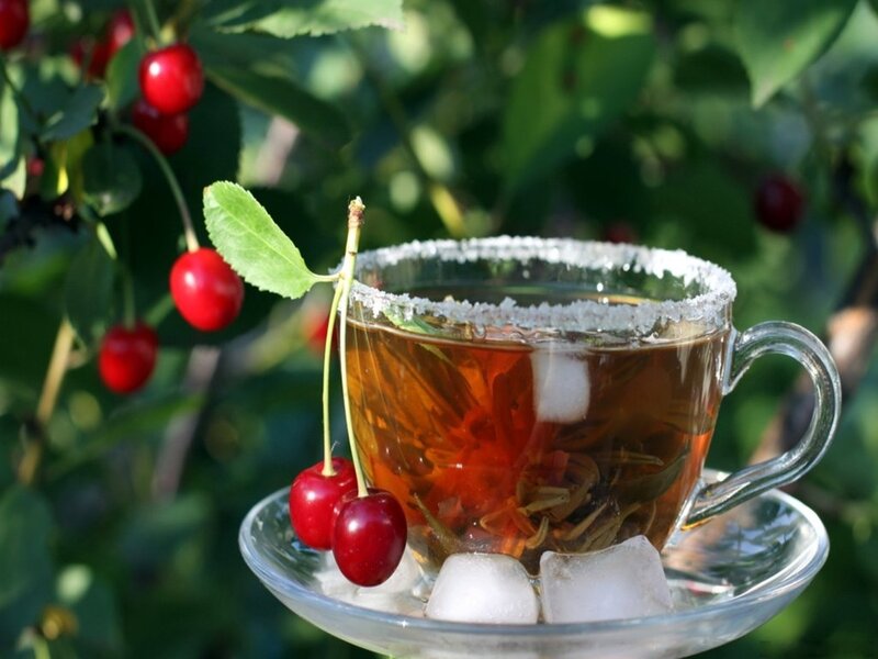 Cherry Tea in Glass Cup — Green