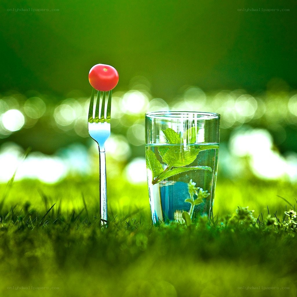 Cherry tomato on fork with mint water