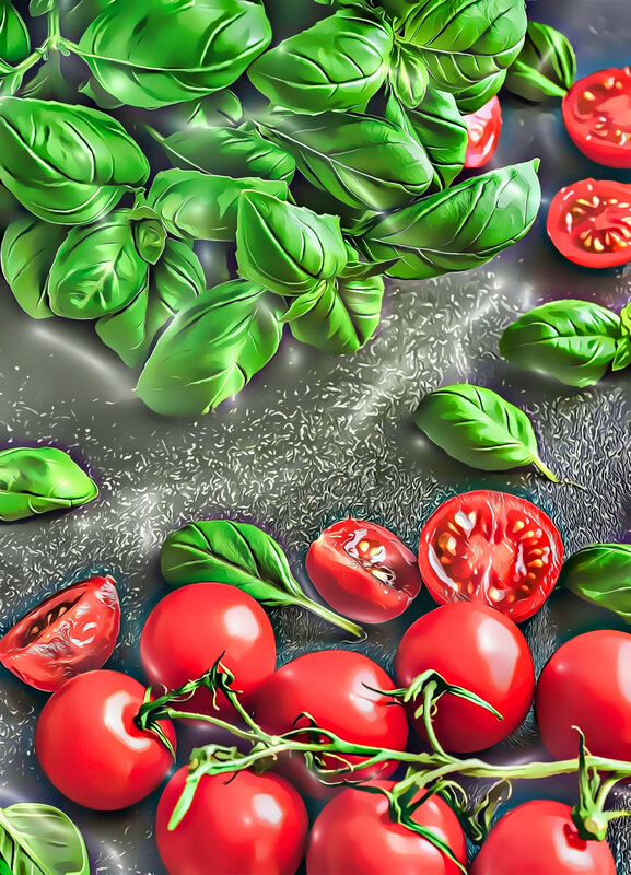 Cherry Tomatoes and Basil — Red