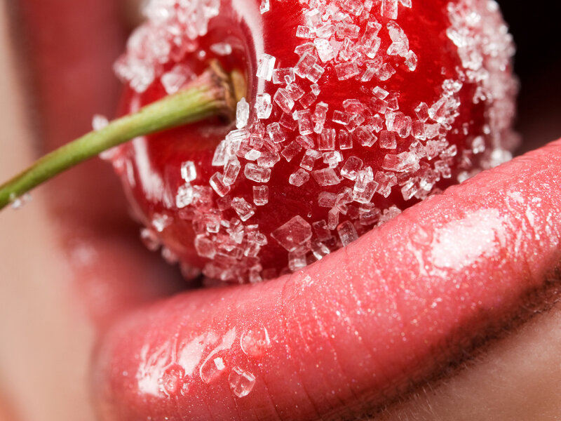 Cherry with Sugar on Lips — Red, Sensual, Photograph