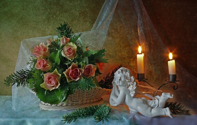 Cherub Figurine with Roses