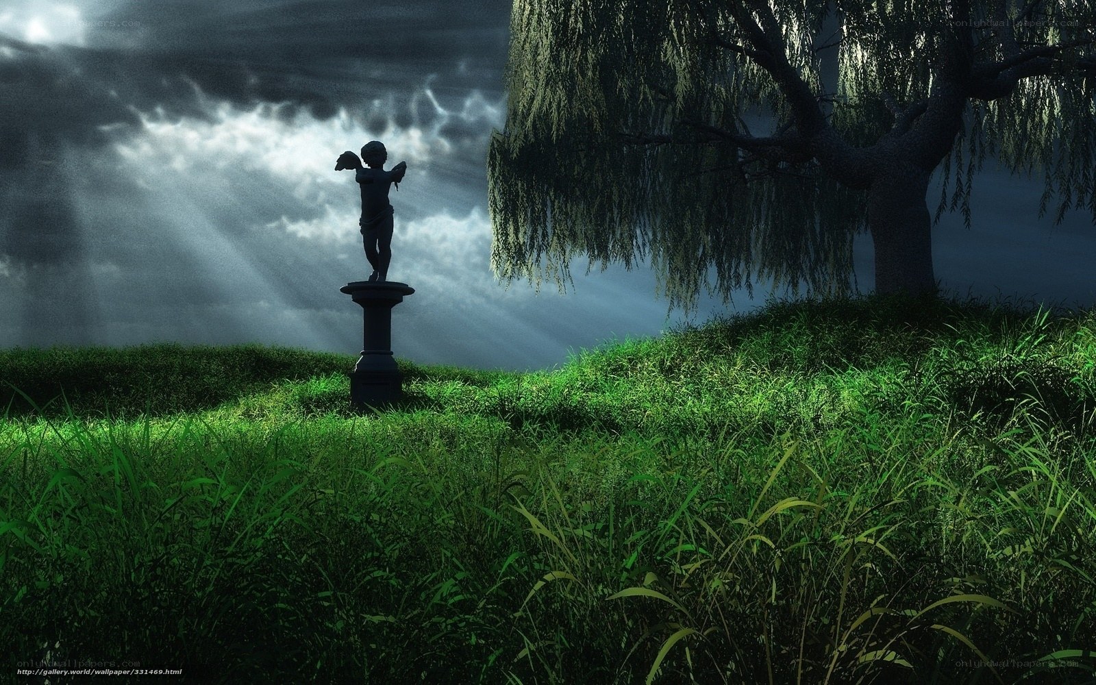 Cherub statue in a stormy garden