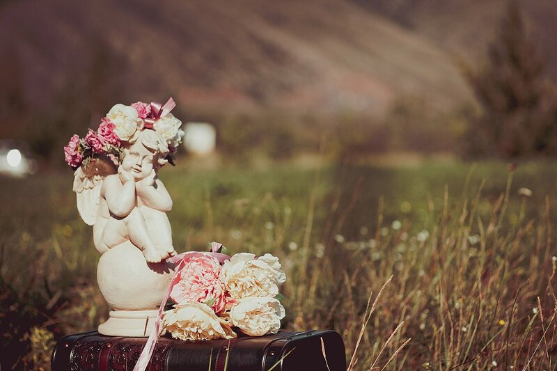 Cherub Statue with Flowers — Pink, Serene