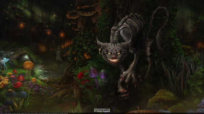 Cheshire Cat in Forest — Green, Dark