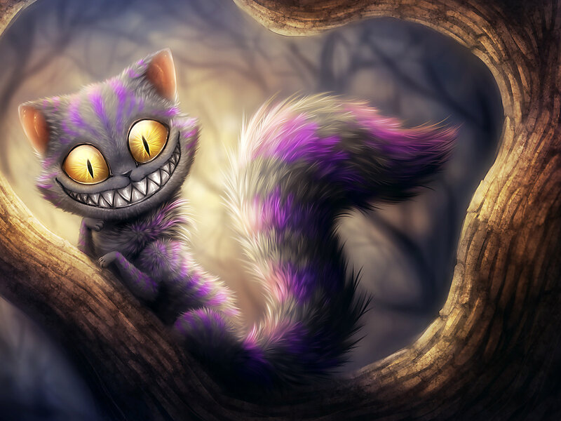 Cheshire Cat in Tree — Purple, Whimsical, Digital Art