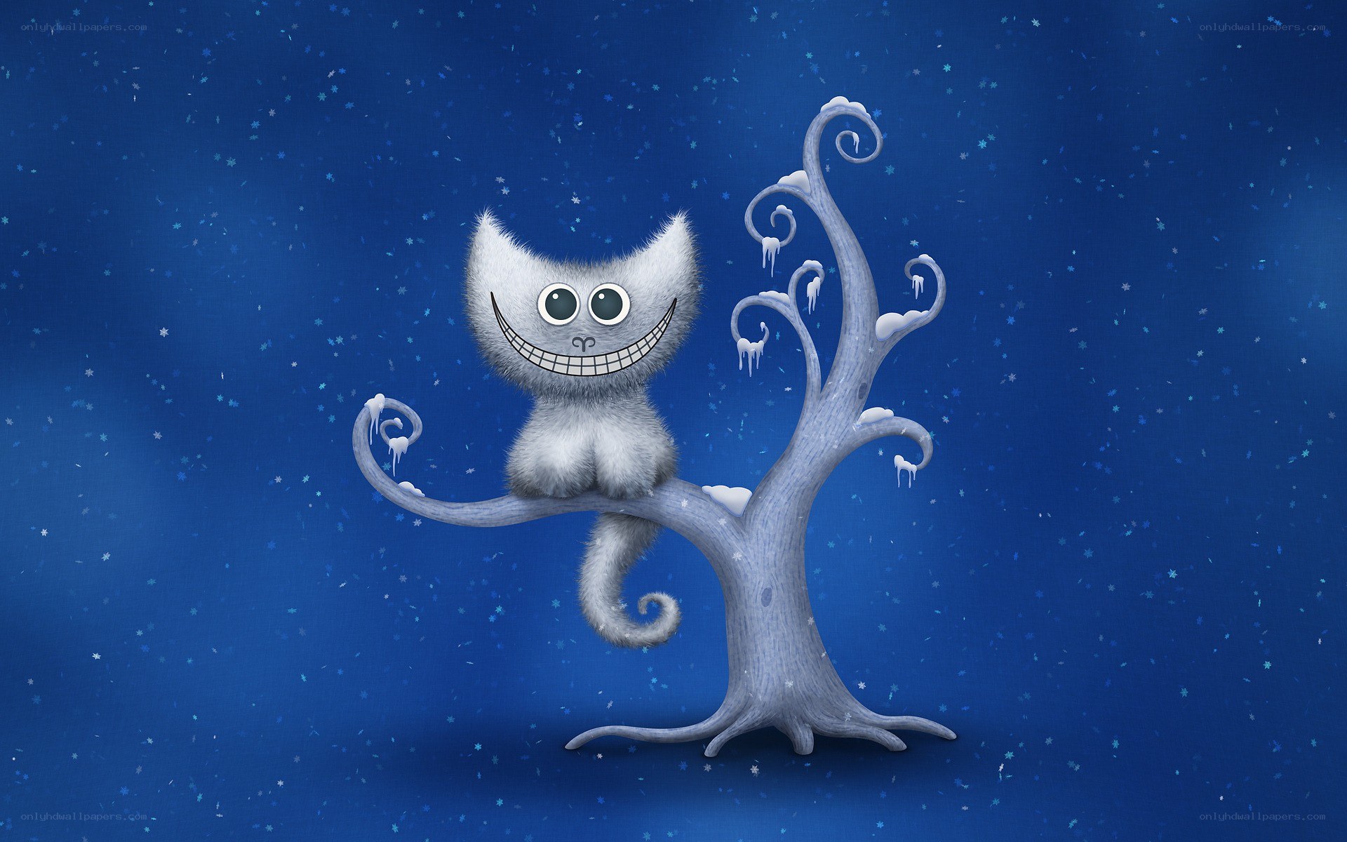 Cheshire Cat on a snowy tree