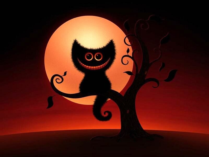 Cheshire Cat on Tree — Black, Creepy, Night