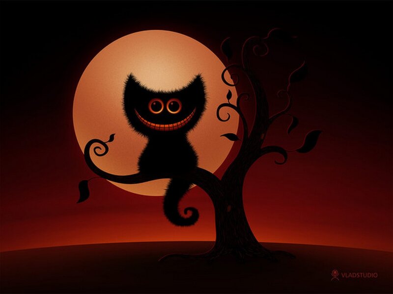 Cheshire Cat on Tree — Black, Creepy