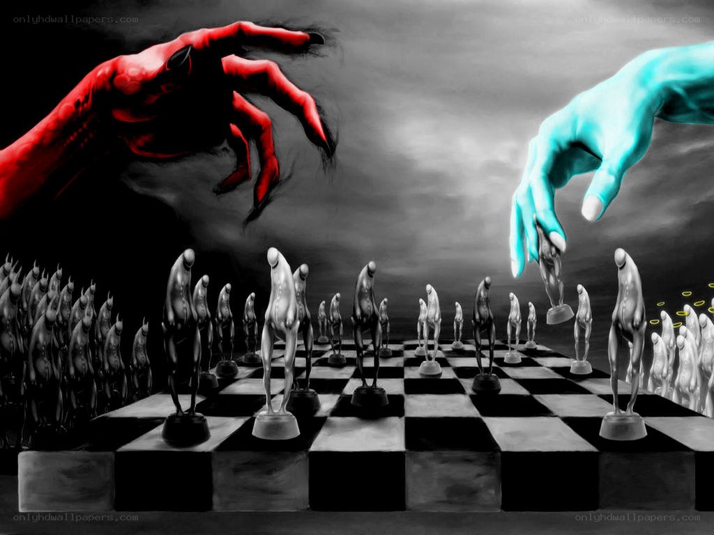 Chess game with demonic and angelic hands