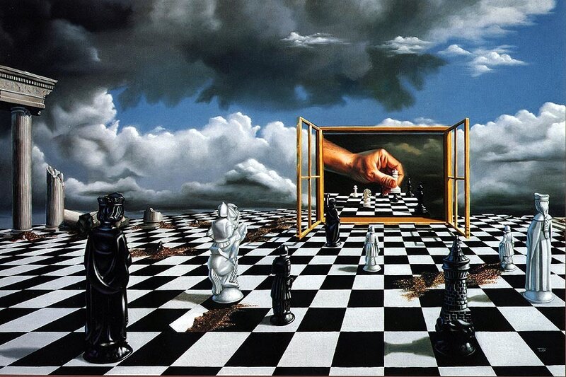 Chess game with giant hand