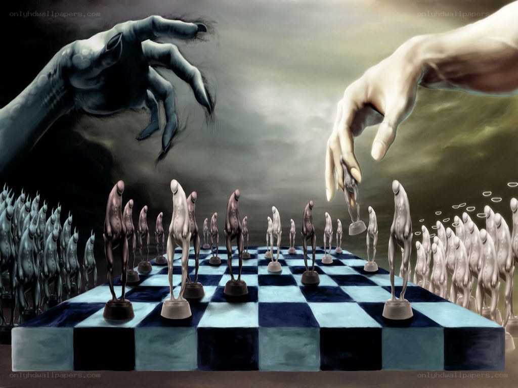 Chess game with giant hands