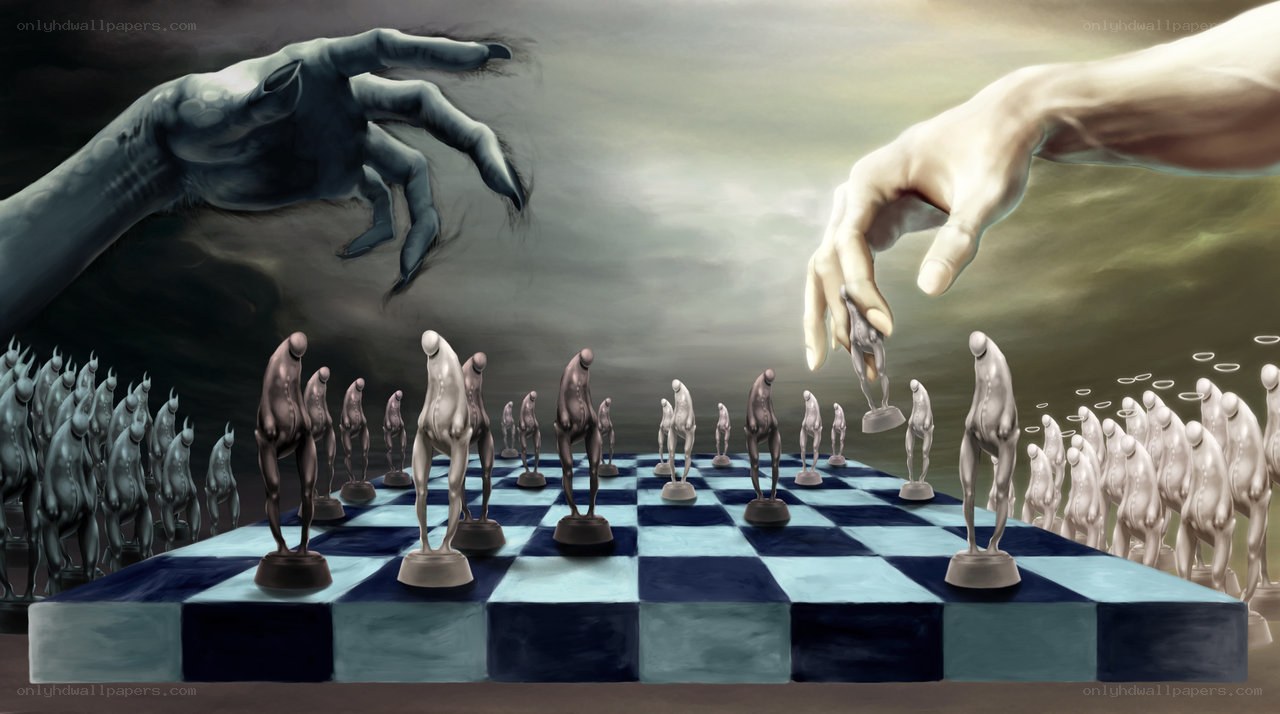 Chess game with giant hands