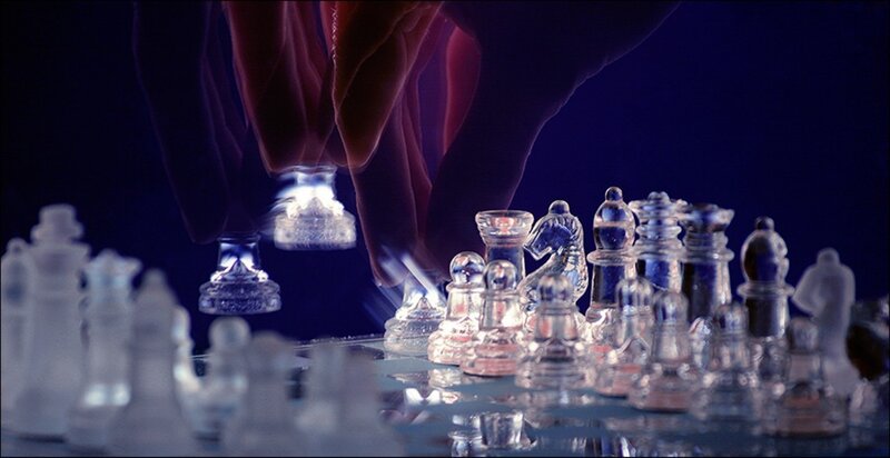 chess game with glowing pieces