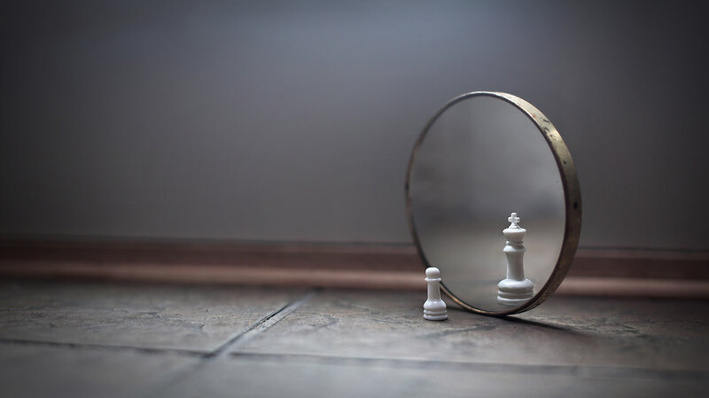 Chess Pieces and Mirror — Gray, Dramatic