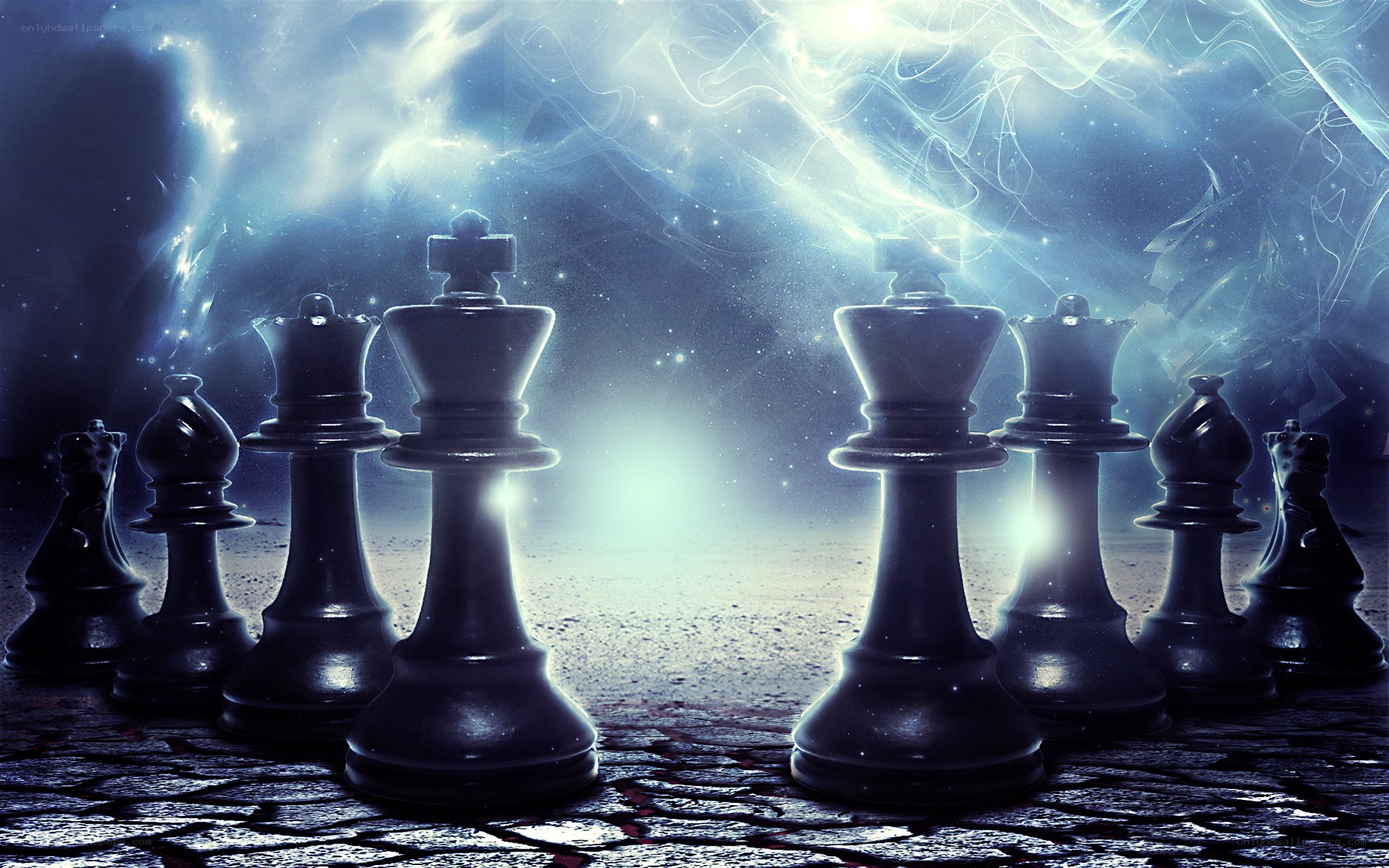 chess pieces in cosmic setting