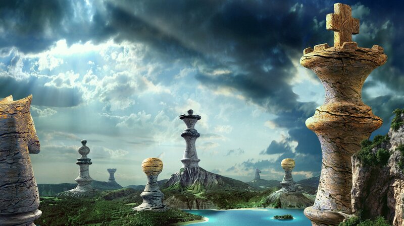 Chess Pieces Landscape — Blue, Dramatic, Afternoon