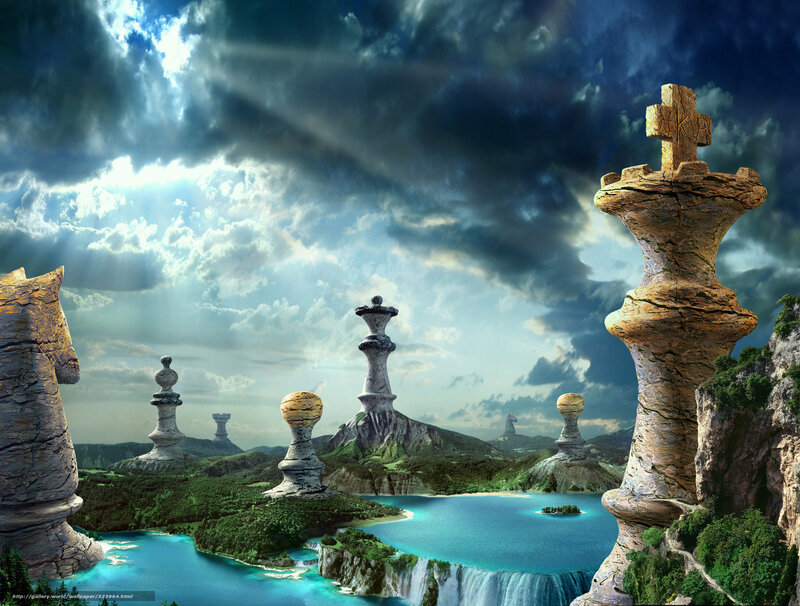 Chess Pieces Landscape — Blue, Dramatic