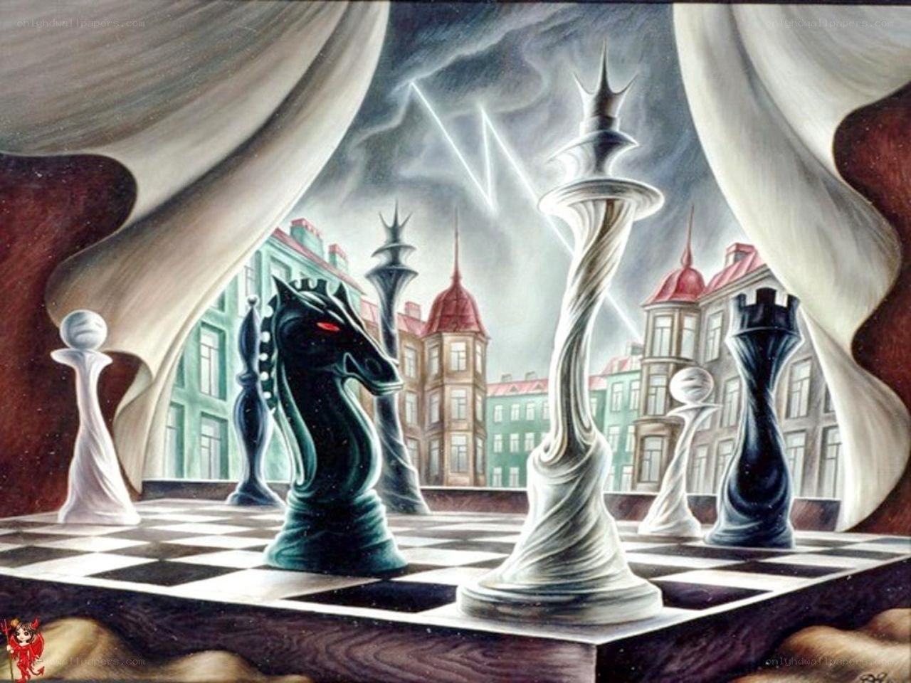 Chess pieces on a city stage