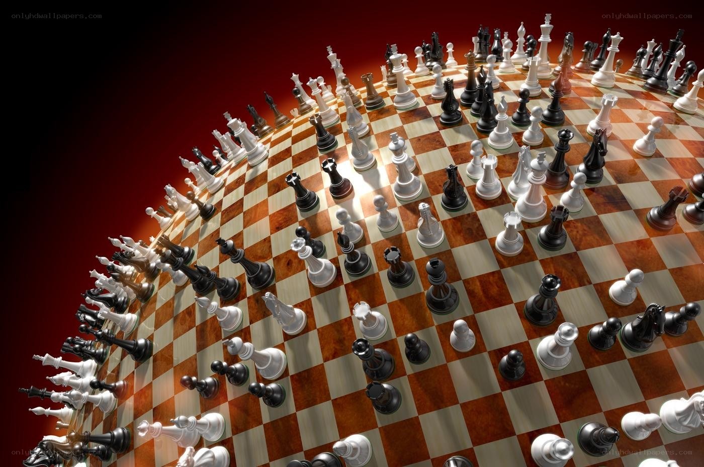 chess pieces on a curved board