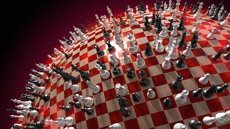 chess pieces on a curved board