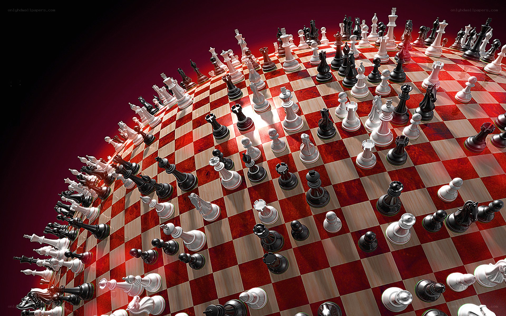 chess pieces on a curved board