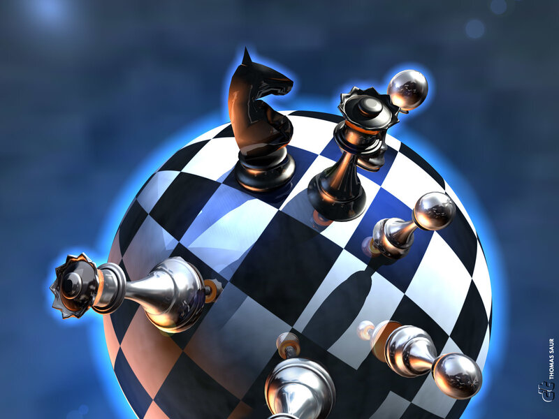 Chess pieces on a globe