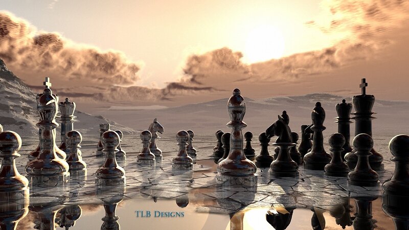 chess pieces on alien landscape