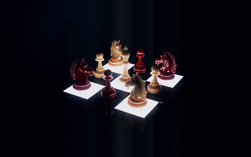 Chess Pieces on Board — Black, Dramatic, 3d Render, Chessboard, Lighting, Reflection