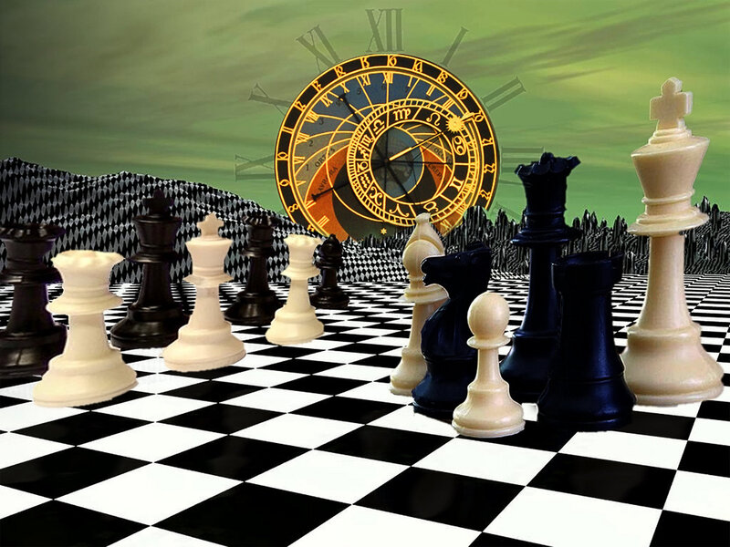 Chess Pieces on Board — Black, Dreamlike