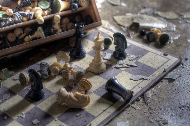 Chess Pieces on Board — Brown, Dramatic, Photograph, Box